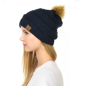 C.C Hat Stretch Cable Knit Faux Fur Pom Beanie Navy NEW in bag